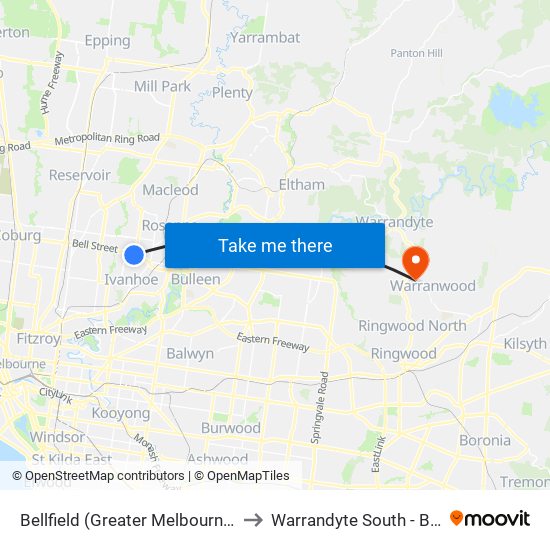 Bellfield (Greater Melbourne) to Warrandyte South - Bal map