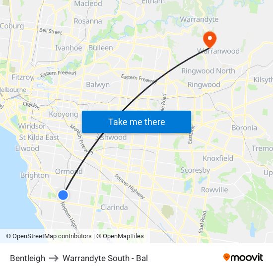 Bentleigh to Warrandyte South - Bal map