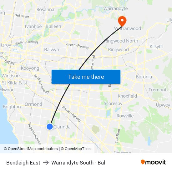 Bentleigh East to Warrandyte South - Bal map