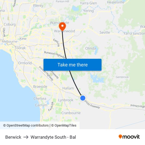 Berwick to Warrandyte South - Bal map