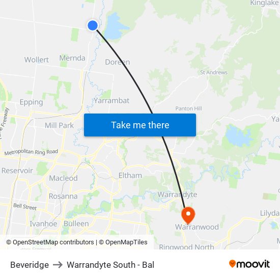 Beveridge to Warrandyte South - Bal map