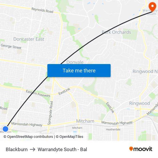 Blackburn to Warrandyte South - Bal map