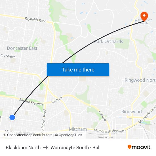 Blackburn North to Warrandyte South - Bal map