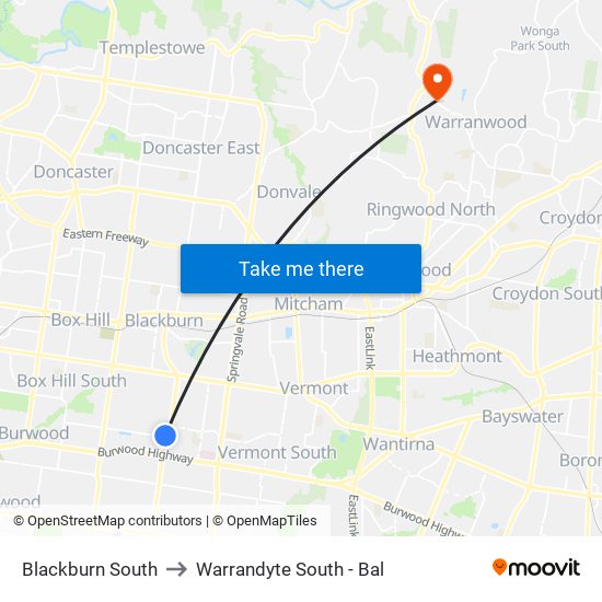 Blackburn South to Warrandyte South - Bal map