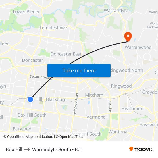 Box Hill to Warrandyte South - Bal map