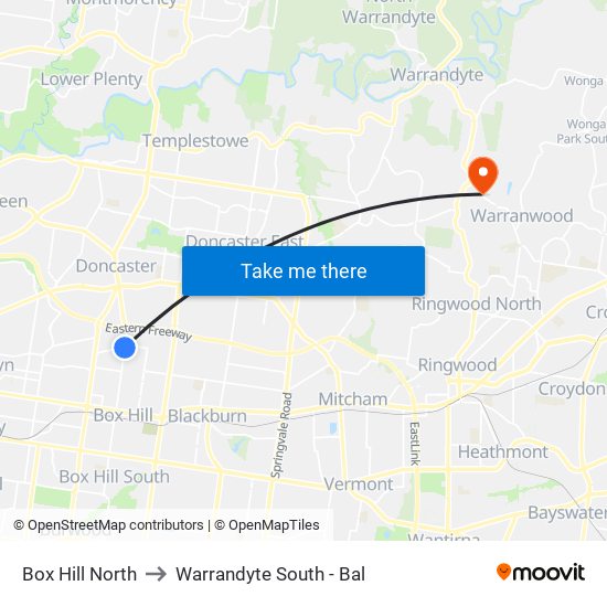 Box Hill North to Warrandyte South - Bal map