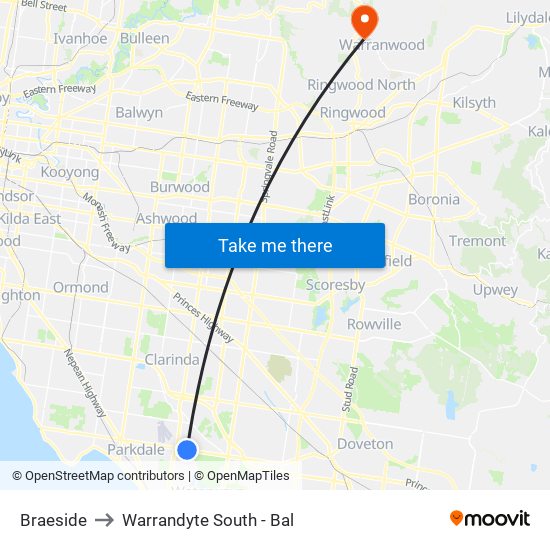 Braeside to Warrandyte South - Bal map