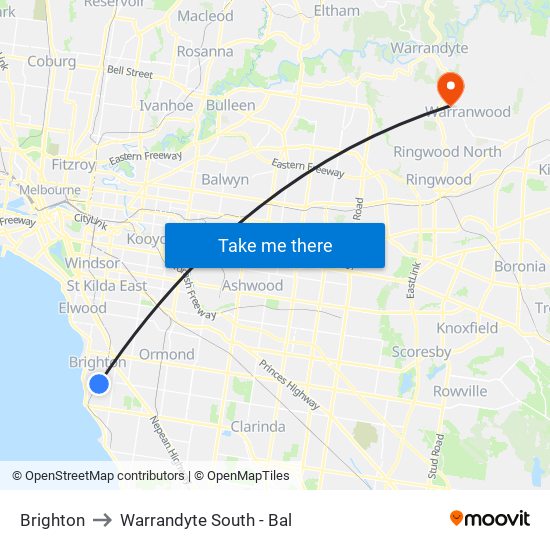 Brighton to Warrandyte South - Bal map