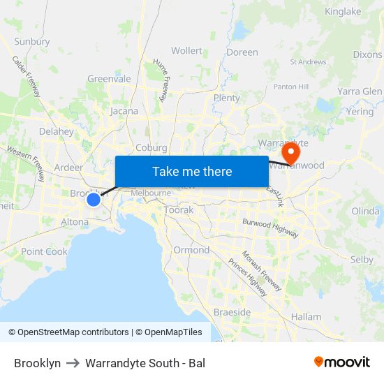 Brooklyn to Warrandyte South - Bal map