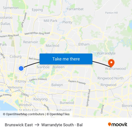 Brunswick East to Warrandyte South - Bal map