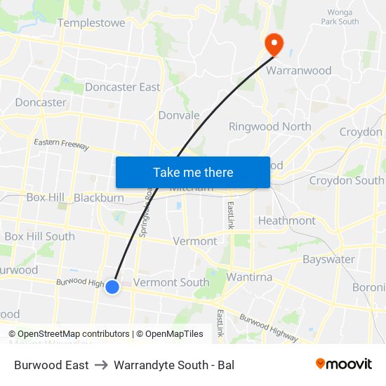Burwood East to Warrandyte South - Bal map