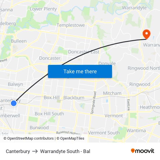 Canterbury to Warrandyte South - Bal map