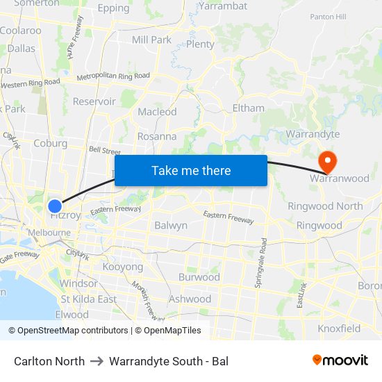 Carlton North to Warrandyte South - Bal map