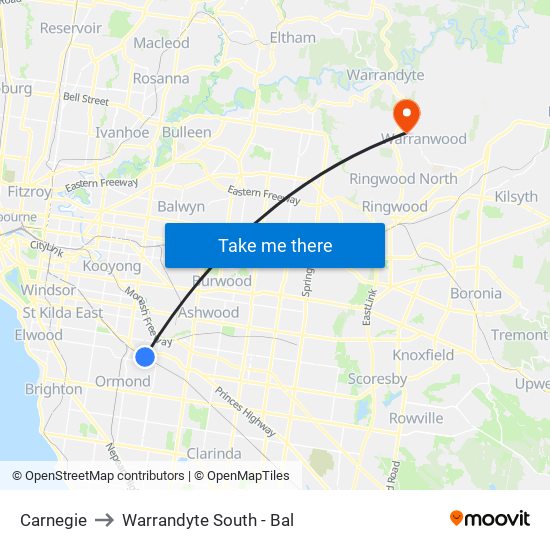 Carnegie to Warrandyte South - Bal map