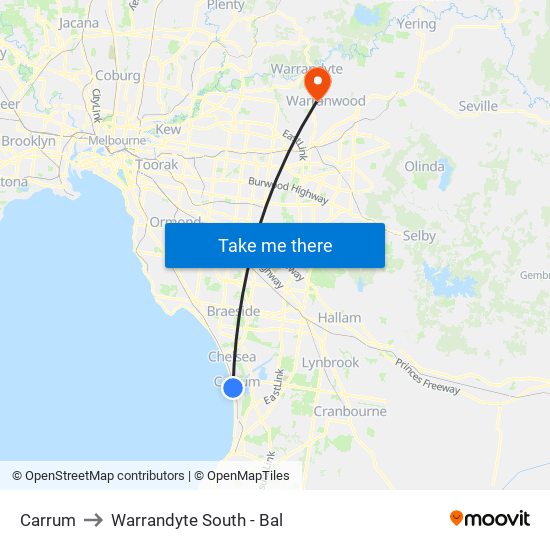 Carrum to Warrandyte South - Bal map