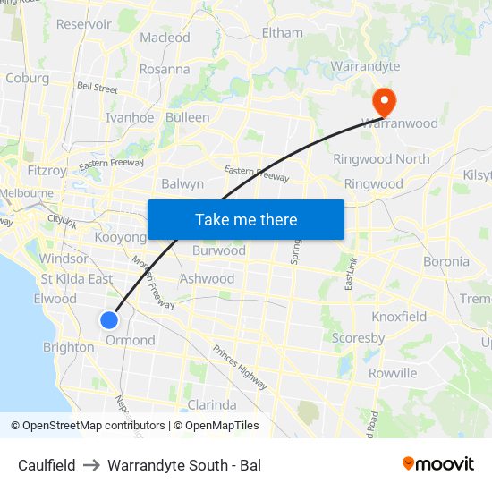 Caulfield to Warrandyte South - Bal map