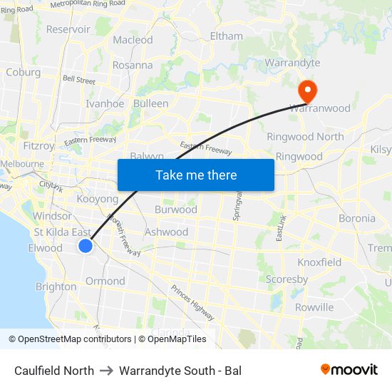 Caulfield North to Warrandyte South - Bal map