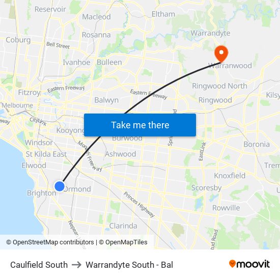 Caulfield South to Warrandyte South - Bal map