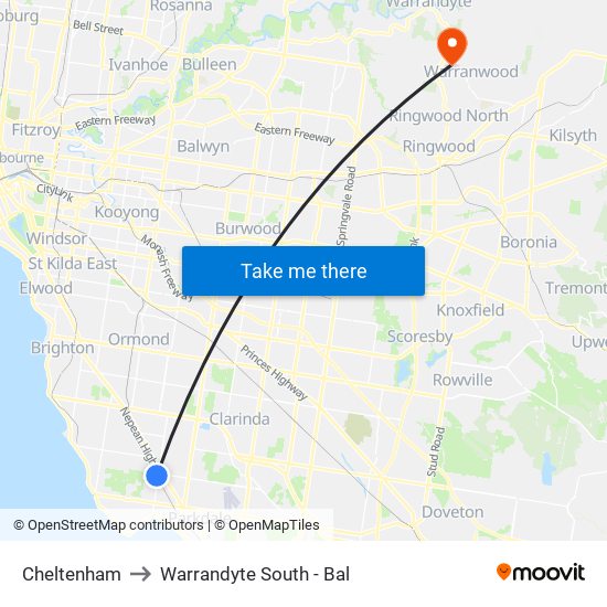 Cheltenham to Warrandyte South - Bal map