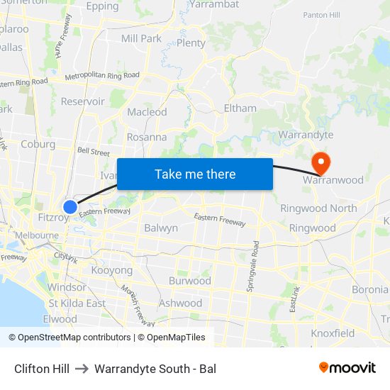 Clifton Hill to Warrandyte South - Bal map