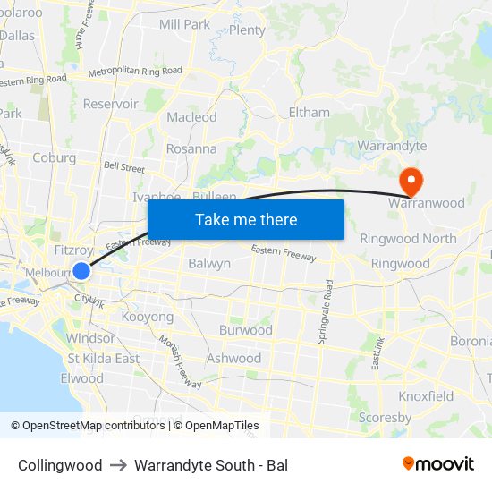 Collingwood to Warrandyte South - Bal map