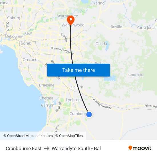 Cranbourne East to Warrandyte South - Bal map