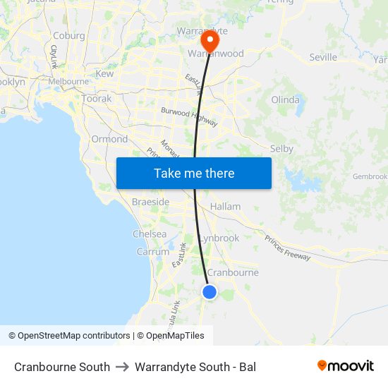 Cranbourne South to Warrandyte South - Bal map