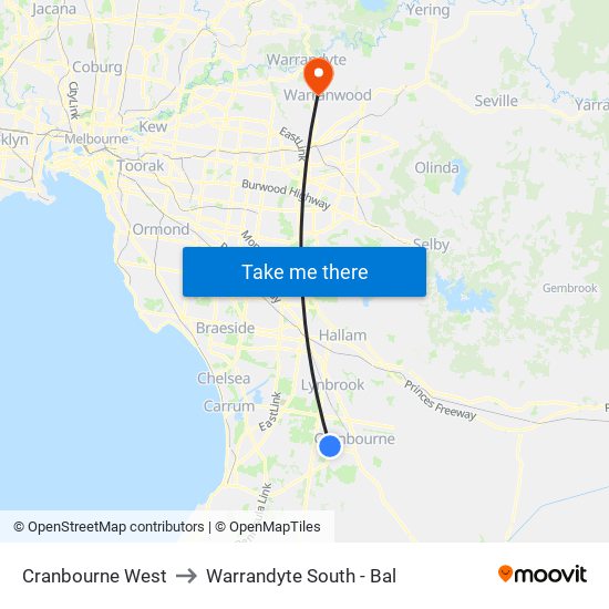 Cranbourne West to Warrandyte South - Bal map