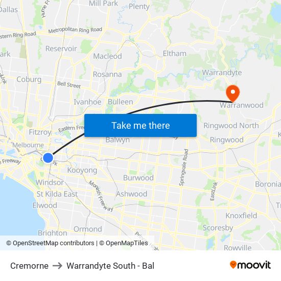 Cremorne to Warrandyte South - Bal map