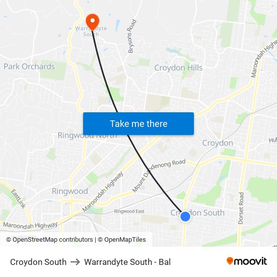 Croydon South to Warrandyte South - Bal map