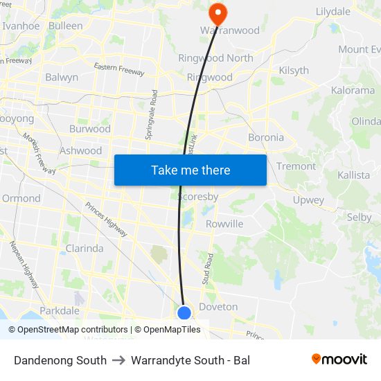 Dandenong South to Warrandyte South - Bal map