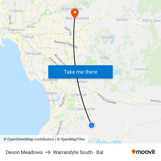 Devon Meadows to Warrandyte South - Bal map