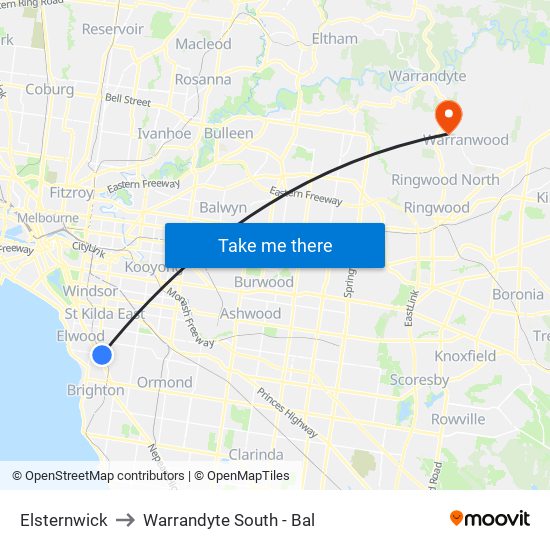 Elsternwick to Warrandyte South - Bal map