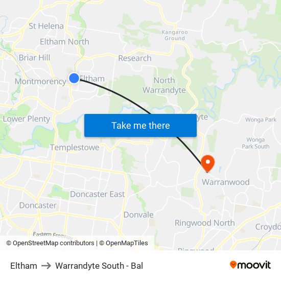 Eltham to Warrandyte South - Bal map