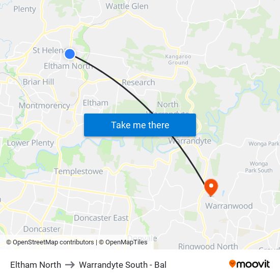 Eltham North to Warrandyte South - Bal map