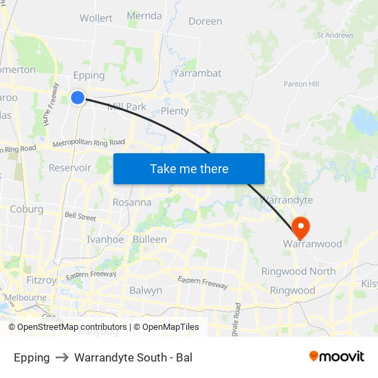 Epping to Warrandyte South - Bal map