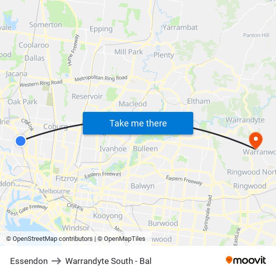 Essendon to Warrandyte South - Bal map