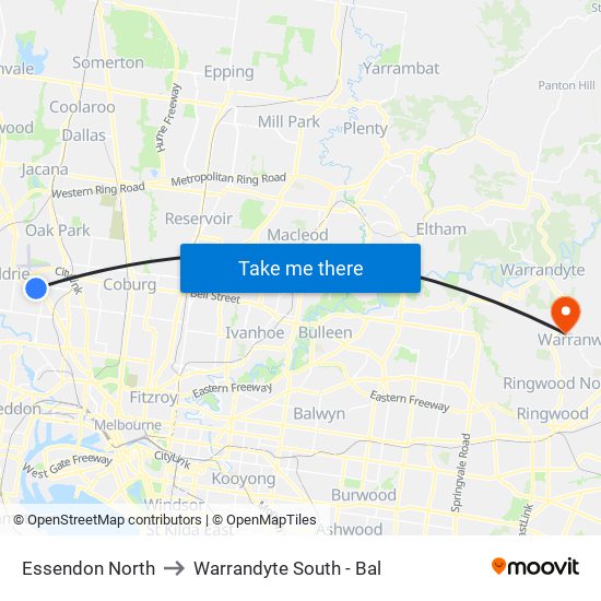 Essendon North to Warrandyte South - Bal map
