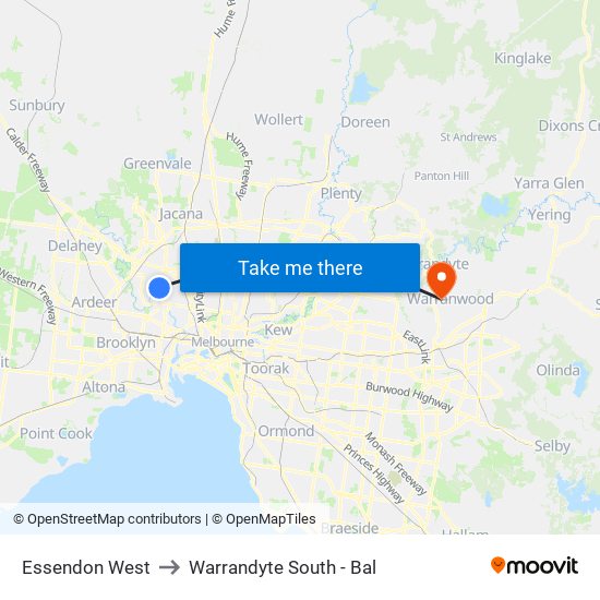 Essendon West to Warrandyte South - Bal map