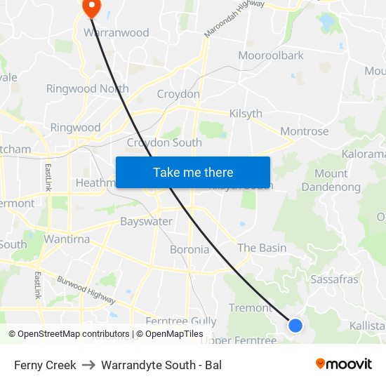 Ferny Creek to Warrandyte South - Bal map