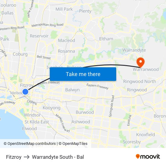 Fitzroy to Warrandyte South - Bal map