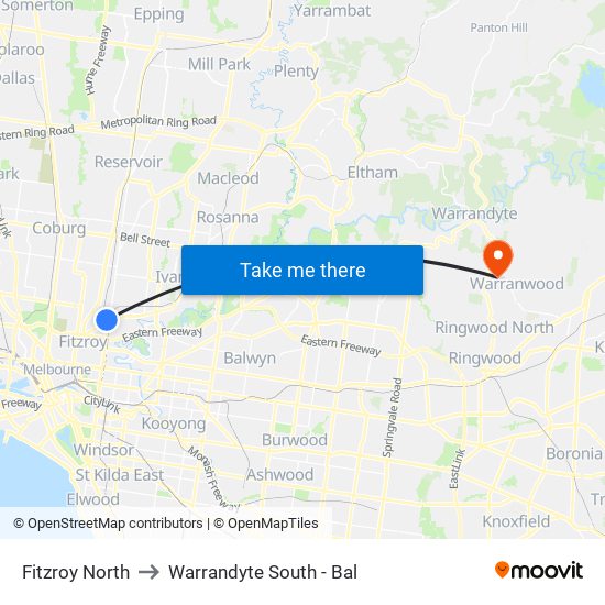 Fitzroy North to Warrandyte South - Bal map