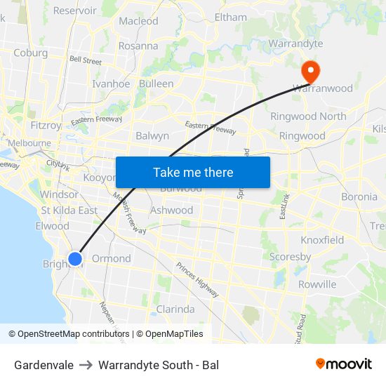 Gardenvale to Warrandyte South - Bal map
