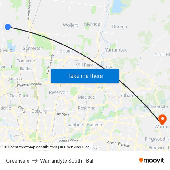 Greenvale to Warrandyte South - Bal map