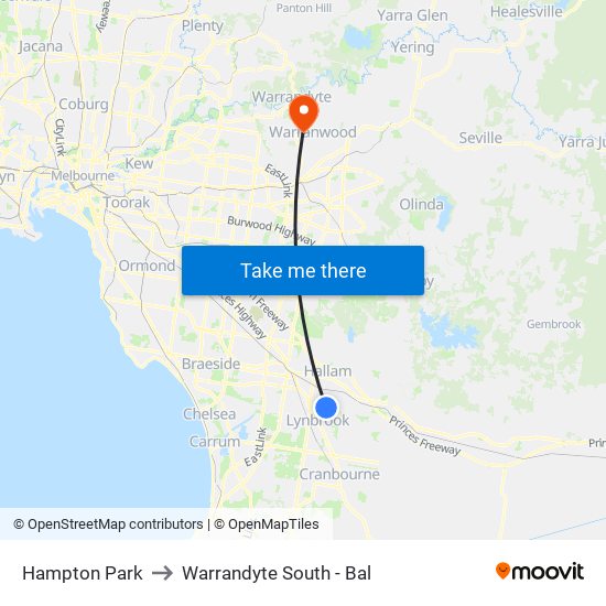 Hampton Park to Warrandyte South - Bal map