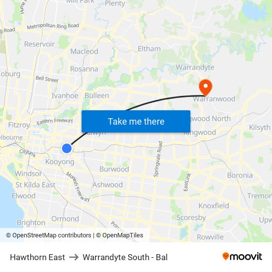 Hawthorn East to Warrandyte South - Bal map