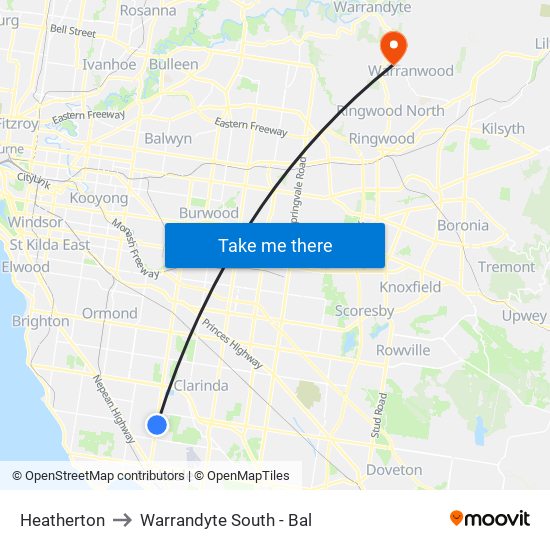 Heatherton to Warrandyte South - Bal map