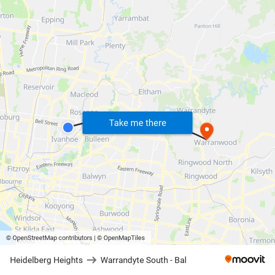 Heidelberg Heights to Warrandyte South - Bal map