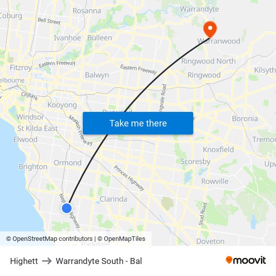 Highett to Warrandyte South - Bal map