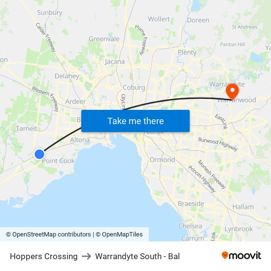 Hoppers Crossing to Warrandyte South - Bal map